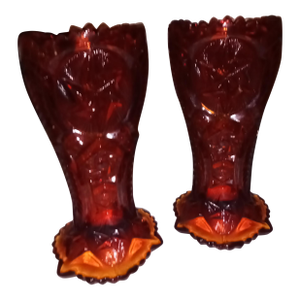Pair of Nortec Vases Le Smith Amberina Glass Red Orange Amber 1900's Iridescent Star