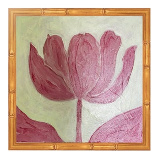 Original Pink Tulip Painting in Gold Bamboo Frame, Acrylic on Canvas, 13" X 13" by Tatiana Duperault For Sale