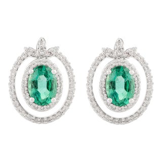 Sparkling Halo Diamond Oval Cut Green Emerald Cluster Stud Earrings - 2 Pieces For Sale
