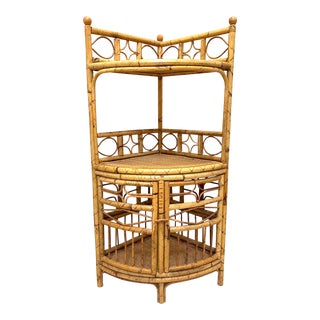 Rattan Mid Century Corner Etagere From Hong Kong For Sale