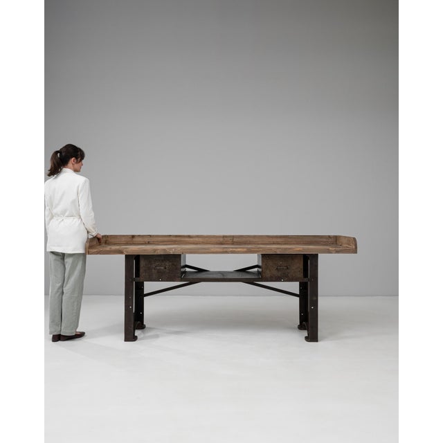 Brown 20th Century French Industrial Cast Iron Work Table with Wooden Top For Sale - Image 8 of 12