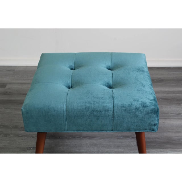 Mid Century Style Teal Chenille Ottoman With Walnut Legs For Sale - Image 4 of 13