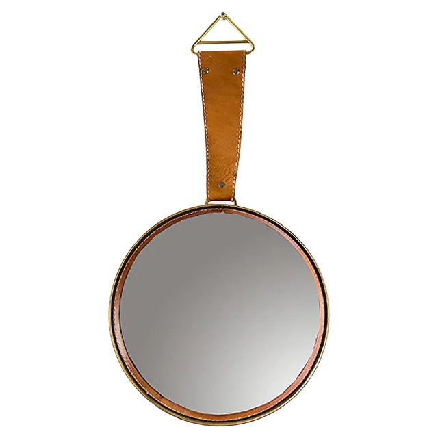 Wall Mirror with Leather, 1950s For Sale