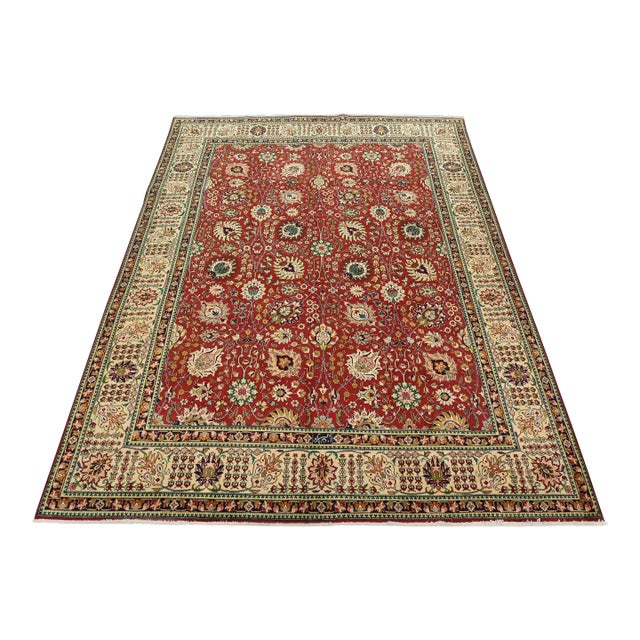 Tabriz Rug 10'2'' X 12'8'' Red Wool Vintage Traditional Hand-Knotted Carpet For Sale