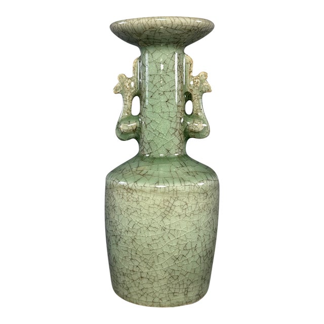 Antique Chinese Longquan Celadon Vase With Twin Phoenix Ears For Sale