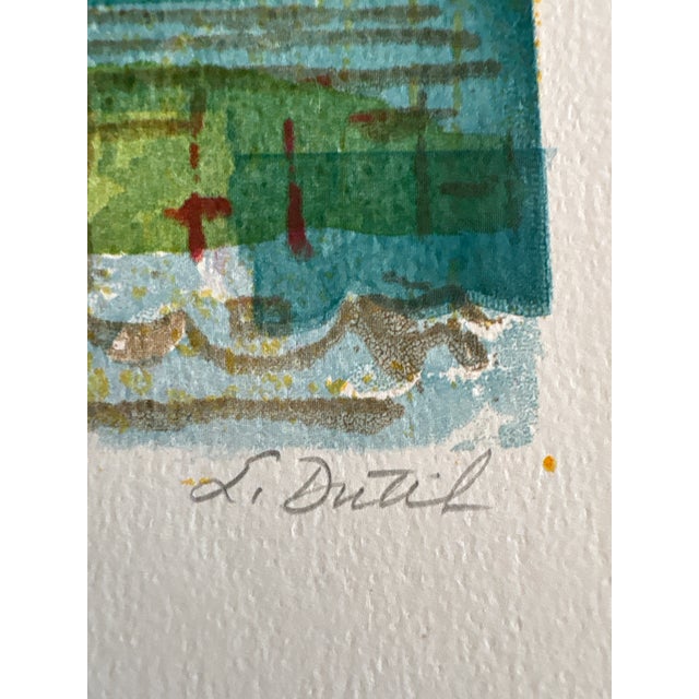 A vibrant and highly graphic mid-century modern serigraph titled “Bird Market,” signed lower right by Lynn Dutil and...