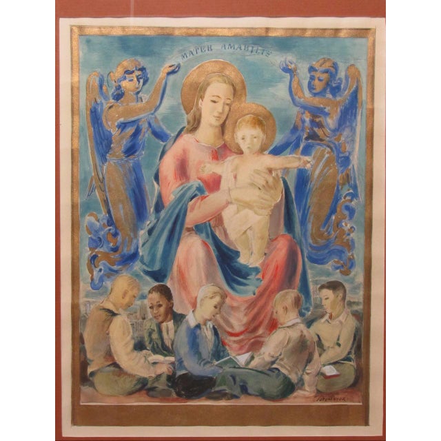 Vintage framed watercolor by Antonio Sotomayor, c.1950. It shows a central figure of the Blessed Mother holding the Christ...