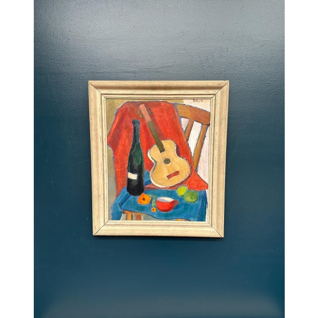 Rn, Still Life with Guitar and Wine Bottle, 1949, Oil Painting on Canvas, Framed For Sale - Image 10 of 18