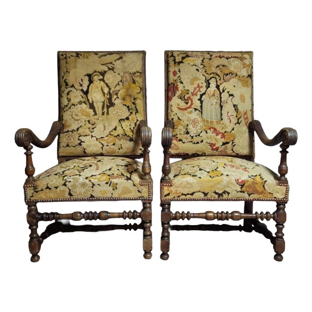 Antique Carved Wooden Armchairs with Figurative Tapestry in Petit Point, Set of 2 For Sale