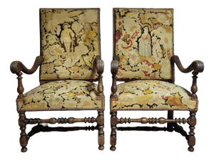 Antique Carved Wooden Armchairs with Figurative Tapestry in Petit Point, Set of 2