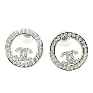 Chanel Silver CC Crystal Round Piercing Earrings, A Pair For Sale