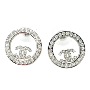 Chanel Silver CC Crystal Round Piercing Earrings, A Pair