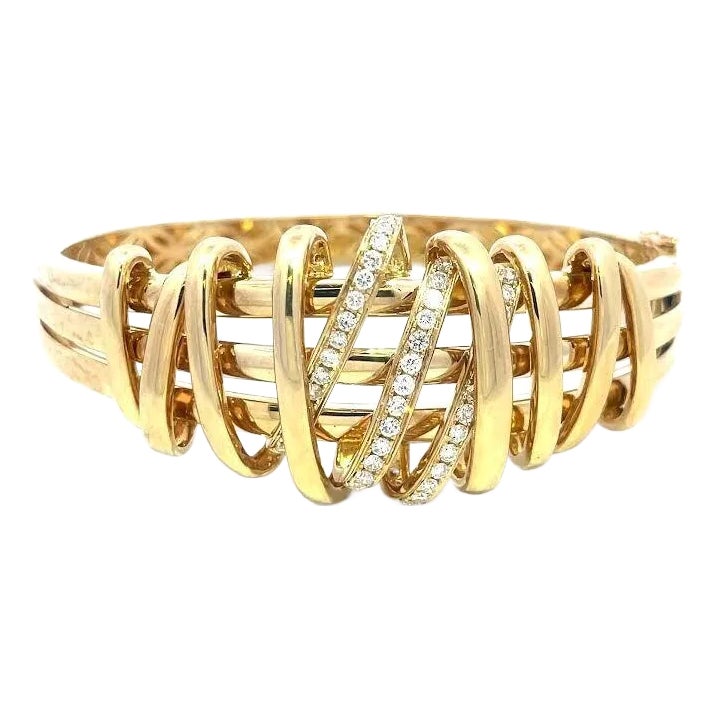 Diamond Gold Bracelet 14k Yellow Ribbon Wrap Design Hinged Bangle 3D ...