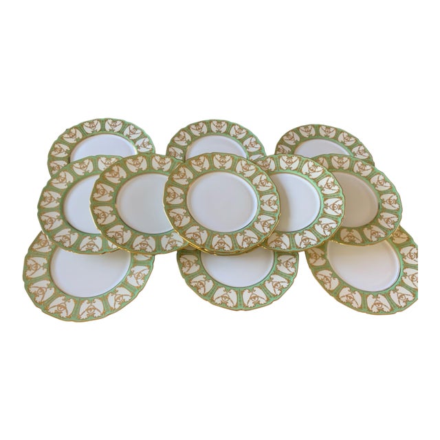Antique Royal Doulton Robert Allen Dinner Plates Mint Green Gold Gilt 10” Set of 12 (Dated 1916/1925) For Sale