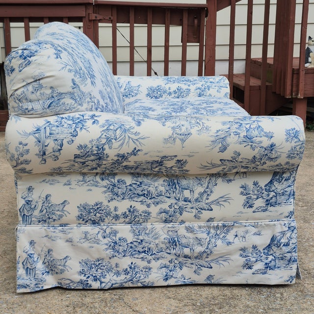 Blue Antique Blue & White Toile De Jouy Camel Back Loveseat Rolled Arms Pleated Skirt For Sale - Image 8 of 16