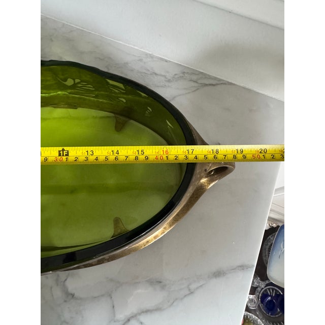 Vintage Art Nouveau Centerpiece Bowl With Green Glass Insert and Flowing Lines & Ginkgo Leaf Motifs 18.75"x9.5"x4.25" For Sale - Image 11 of 13