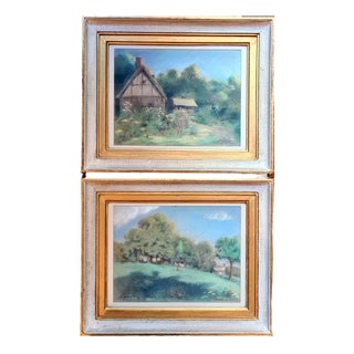 Cottage and Landscape Drawings, Early 20th Century, Pastels on Paper, Framed, Set of 2 For Sale