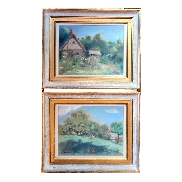 Cottage and Landscape Drawings, Early 20th Century, Pastels on Paper, Framed, Set of 2 For Sale