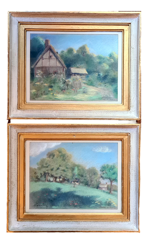 Cottage and Landscape Drawings, Early 20th Century, Pastels on Paper, Framed, Set of 2