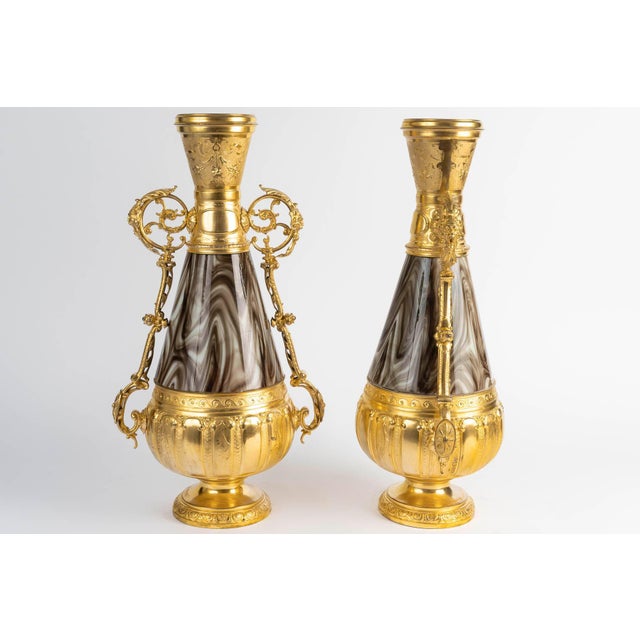 Pair of 19th-century vases made of opaline glass and gilded regule, from the napoleon iii period. Pair of 19th-century...