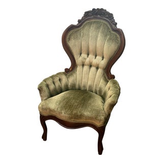 Mid 20th Century Vintage Sage Green Victorian Tufted Chair For Sale