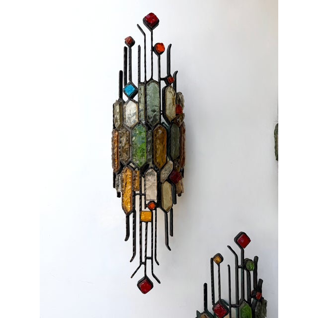 Hammered Glass Wrought Iron Sconces by Longobard, Italy, 1970s, Set of 3 For Sale - Image 10 of 14