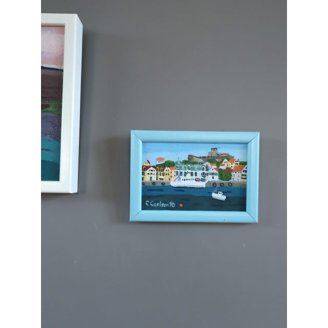 Textile 1988-1992 'Set of 4 Paintings' Vintage Original Naïve Style Small Original Landscape Oil Paintings, Framed For Sale - Image 7 of 11