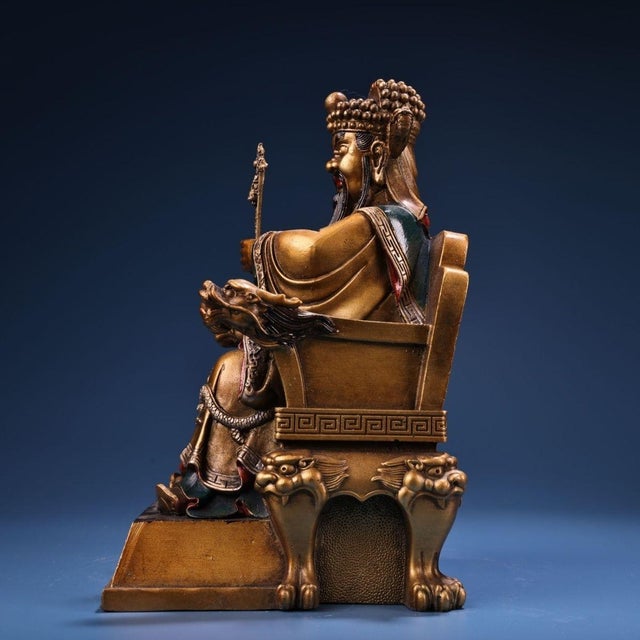 Bronze Antique Chinese Gilt Bronze Dragon King Statue With Polychrome Paint For Sale - Image 8 of 10