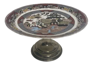 1910s Chinoiserie Antique Polychrome Willow Cake Stand