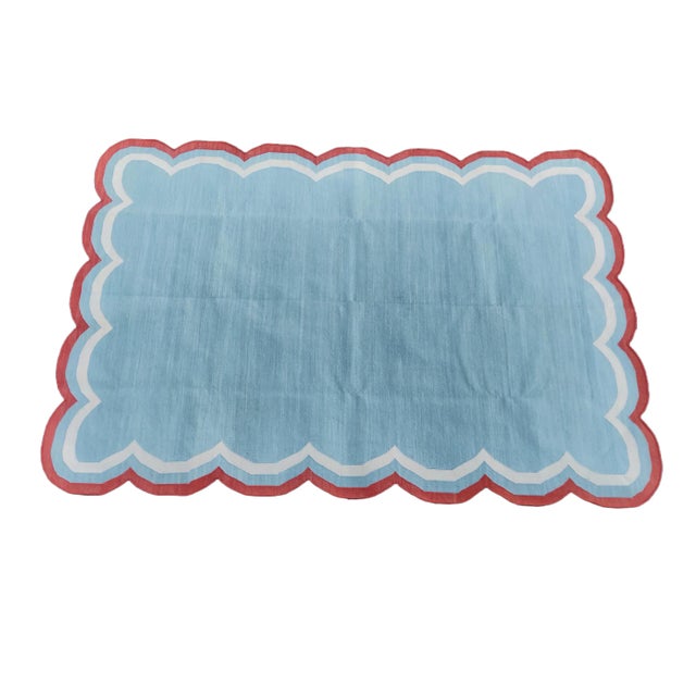 Handmade Cotton Area Rug Natural Vegetable Dyed Flat Weave Sky Blue Scalloped Rug Terracotta Border - 12'x15' For Sale - Image 9 of 11