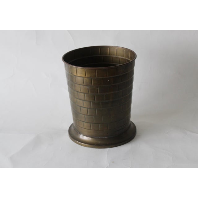 Warm Brass Wastebasket Brick Wall Pattern detail Patina Vintage Mid Century Hollywood Regency, in good vintage condition...