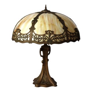 Antique Bradley & Hubbard School Arts & Crafts 6-Panel Slag Glass Lamp C1920 For Sale