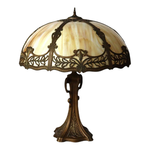 Antique Bradley & Hubbard School Arts & Crafts 6-Panel Slag Glass Lamp C1920