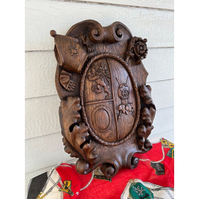 Late 19th Century Antique French Gothic Wall Plaque Coat of Arms Carved Oak Renaissance C1890 For Sale - Image 5 of 18