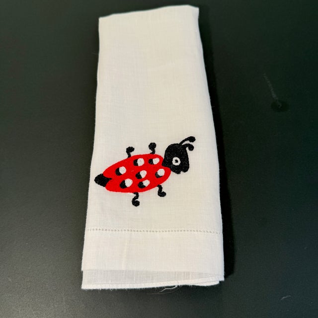 Vintage, late 1960's Bergdorf Goodman home, White madeira Linen with hemstitching body, raised red, black and white...