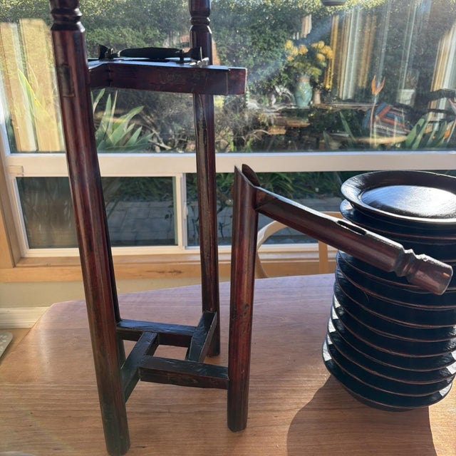 Chinese Vintage Chinese Wooden Plate Rack w/ 12 Lacquered Plates Hand Marked Export For Sale - Image 3 of 8