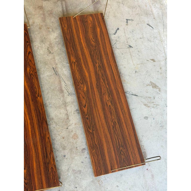 Pair of Danish Mid-Century Rosewood Floating Shelves W/ Brass Brackets – 1960s Modern Wall Shelving For Sale - Image 9 of 10