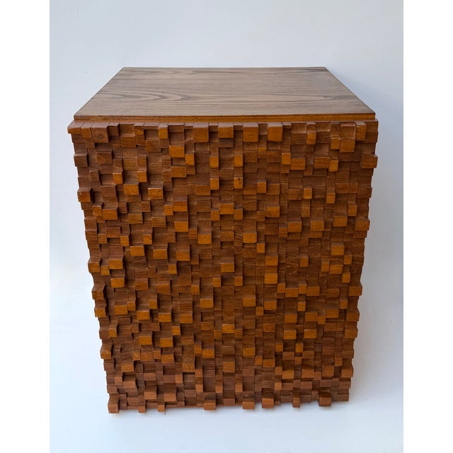 Pair of wood marquetry cube bedside tables nightstands or side end tables. In the mood of Mid-Century Modern like Gio...