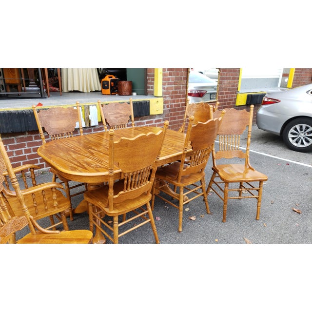 1990s Oak Trestle Kitchen Table W 2 Leaves 8 Press Back Dining