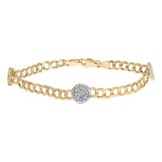 14K Yellow Gold 5/8 Cttw Diamond Cluster Curb Chain Bracelet For Sale