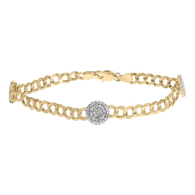 14K Yellow Gold 5/8 Cttw Diamond Cluster Curb Chain Bracelet For Sale