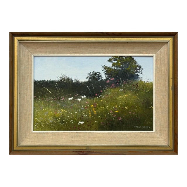 Summer Meadow Scene with Wildflowers & Trees in a serene English Countryside 1991 For Sale