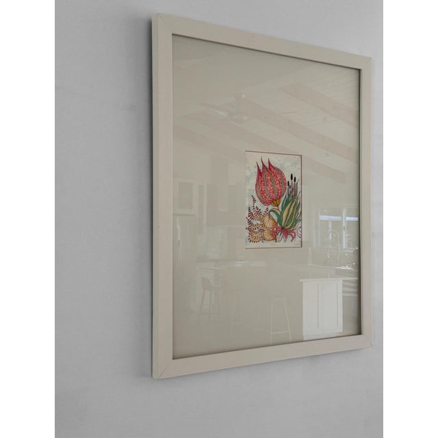 Gorgeous exotic flowers drawing on print with off white wooden frame