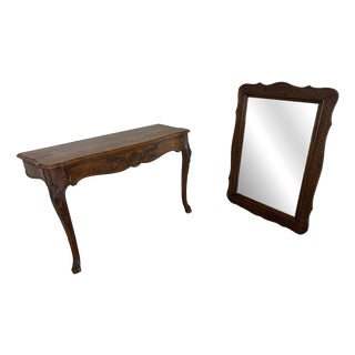 Antique French Louis Oak Wall Mirror and Console Table, Set of 2 For Sale