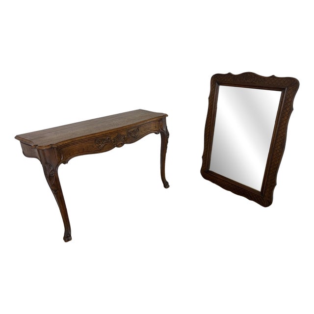 Antique French Louis Oak Wall Mirror and Console Table, Set of 2 For Sale