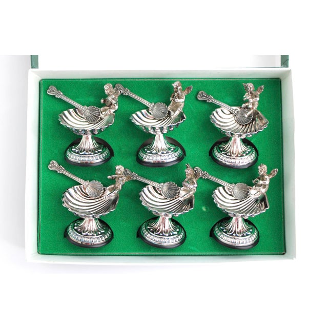 1970s Pedro Duran Silver Cherub Putto Salt Cellars & Spoons, Spain Set of 6 - 12 pcs For Sale - Image 4 of 6