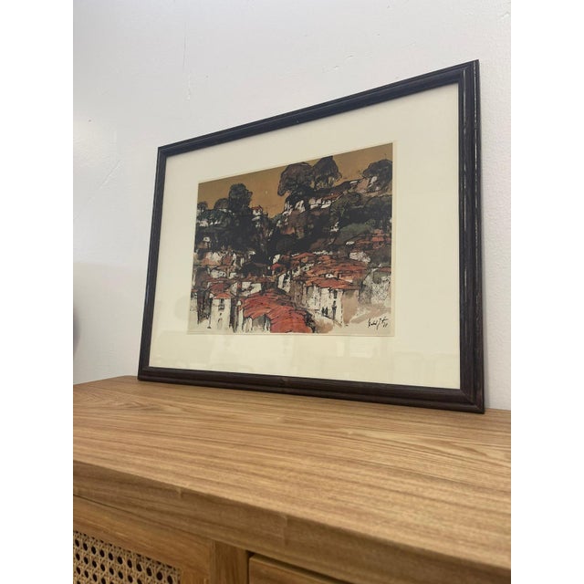 Framed and Matted within wooden frame. Signed in the Lower Corner.Abstract Cityscape print. Vintage Condition Consistent...