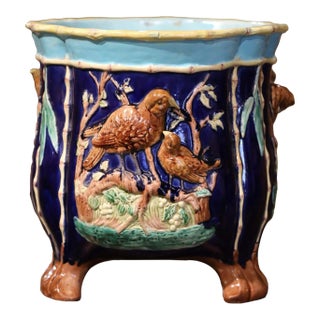 19th Century French Majolica Barbotine Cache Pot With Bird Relief Decor For Sale