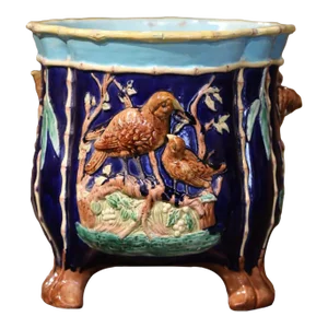 19th Century French Majolica Barbotine Cache Pot With Bird Relief Decor