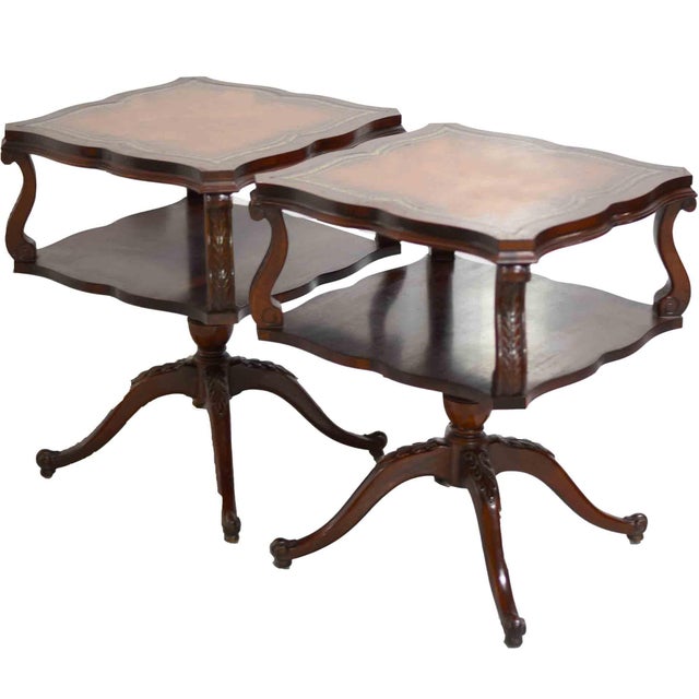 1950s Georgian Revival Leather Mahogany Occasional Tripod Tables by Venice Furniture Novelty Manufacturing Co.Chicago For Sale - Image 13 of 13